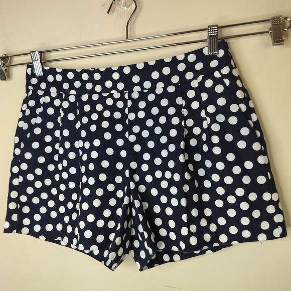 J Crew Navy +White Polka Dot Cotton Shorts Pleated Side Zip - Picture 2 of 5